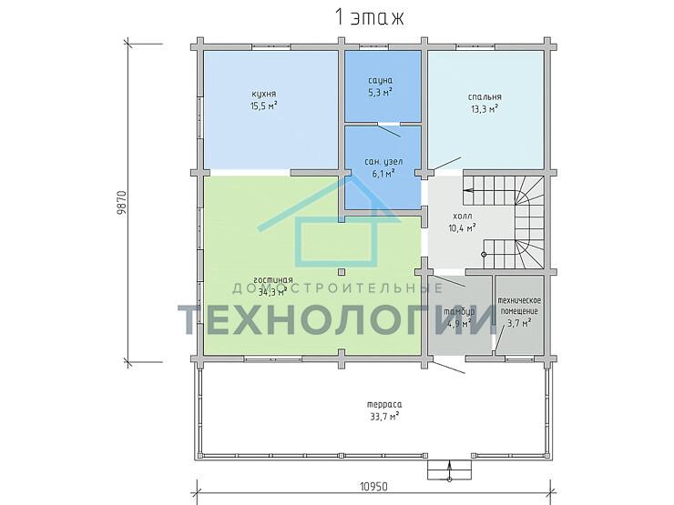 Дом шале из бруса с сауной полутораэтажный 10х11 Мира